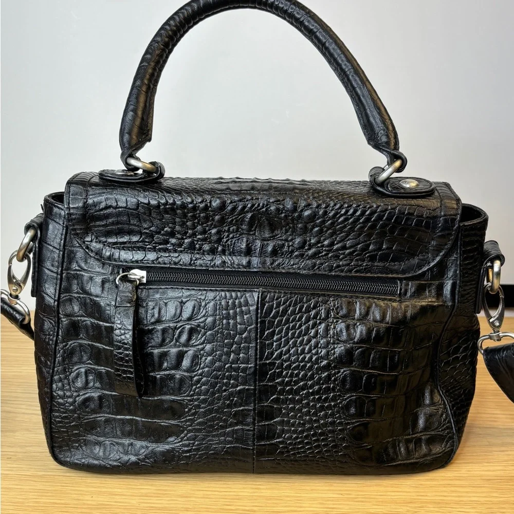 Etienne Aigner Black Croc Embossed Leather Satchel Top Handle Crossbody LIKE NEW
